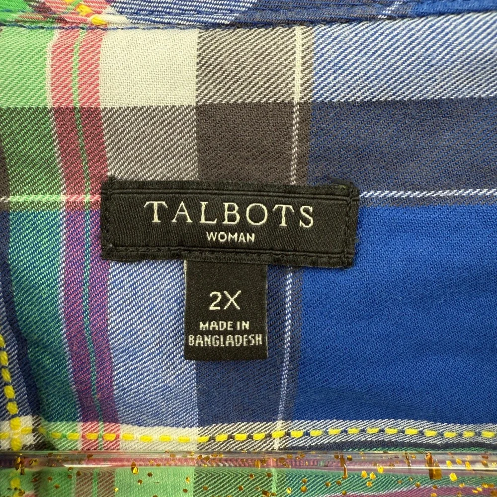 Talbots Woman 2X Blue Plaid Button Down Long Sleeve Cotton Shirt‎ Top